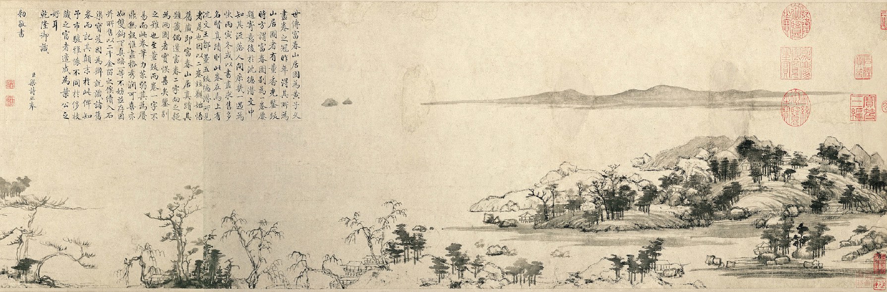 “The Master Wuyong Scroll,” Huang Gongwang, Dwelling in the Fuchun Mountains, 1350, handscroll, ink on paper, 33 x 636.9 cm (National Palace Museum, Taipei)