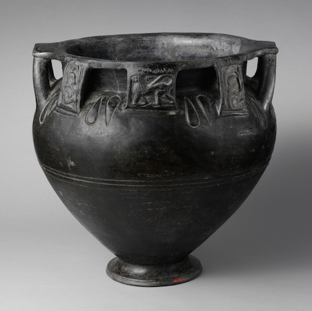 Terracotta column-krater (bowl for mixing wine and water), c. 560-500 B.C.E., Etruscan, terracotta, bucchero pesante, 16 1/8 in high, 13 9/16 in diameter (The Metropolitan Museum of Art)