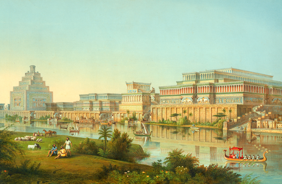 Reconstruction drawing of Nimrud, the site of an ancient Assyrian palace, by James Fergusson for Sir Henry Layard, published in 1853. The columns depicted here were never found. The reconstruction is clearly influenced by what was known at that time of Greco-Roman architecture and by John Martin’s Fall of Nineveh (1829)