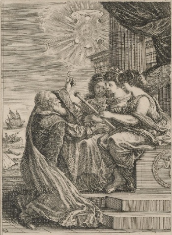 Frontispicio para la Opere di Galileo Galilei, 1656, grabado, 17.8 x 24.9 (El Museo de Bellas Artes, Houston). Galileo se muestra arrodillado ante personificaciones de matemáticas (sosteniendo una brújula), astronomía (con la corona de estrellas) y óptica.