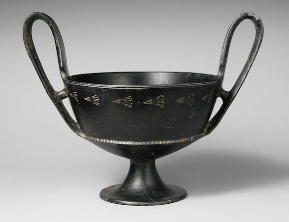 Terracotta kantharos (drinking cup), c. 650-600 B.C.E., Etruscan, terracotta, bucchero sottile, 12 in high without handles, 10 1/4 in diameter (The Metropolitan Museum of Art)
