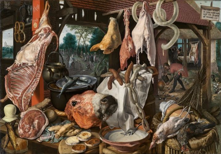 Pieter Aertsen, A Meat Stall with the Holy Family Giving Alms, 1551, oil on panel 45 1/2 x 66 1/2" / 115.6 x 168.9 cm (North Carolina Museum of Art). Other versions include one in the University Art Collections, Uppsala University, Sweden.
