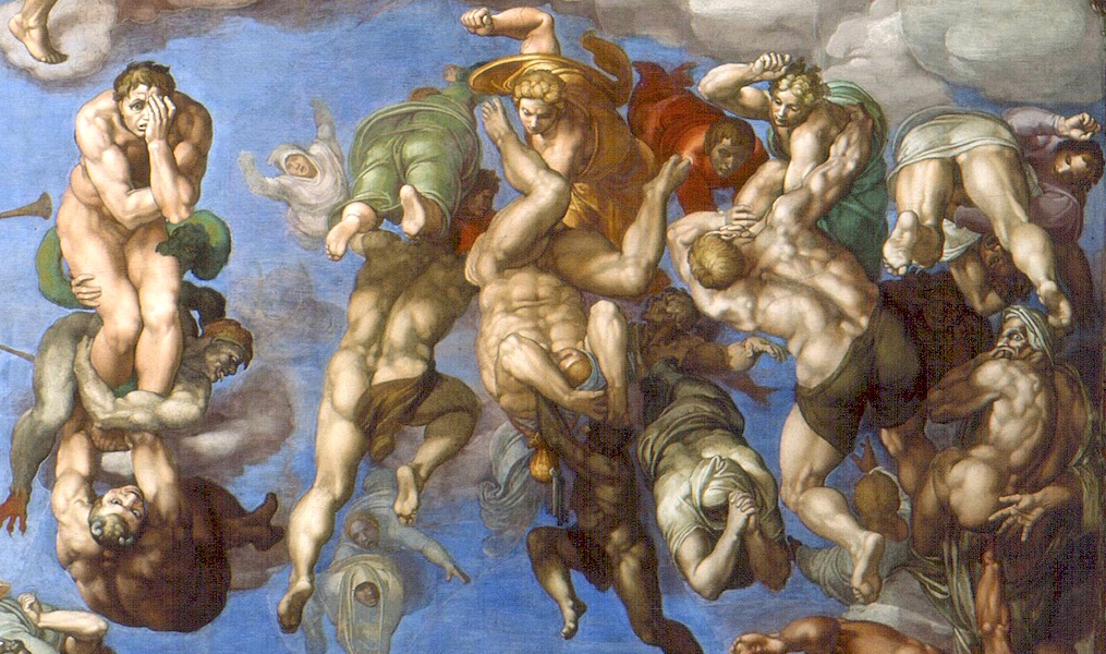 Demonios arrastran a los condenados al infierno, mientras ángeles golpean a quienes luchan por escapar de su destino (detalle), Miguel Ángel, Juicio Final, Capilla Sixtina, muro del altar, fresco, 1534-1541 (Ciudad del Vaticano, Roma)