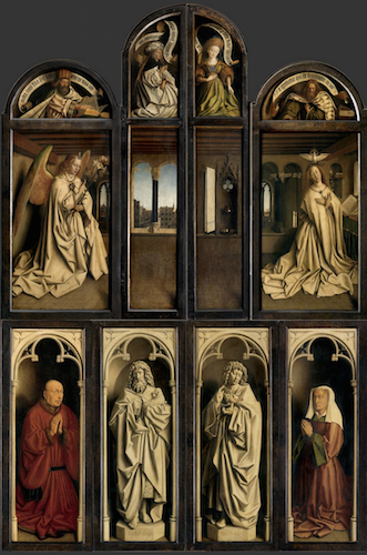 Jan van Eyck, Retablo de Gante (cerrado), terminado 1432, óleo sobre madera, 11 pies 5 pulgadas x 7 pies 6 pulgadas (cerrado), Catedral de San Bavo, Gante, Bélgica (foto: Closer to Van Eyck)