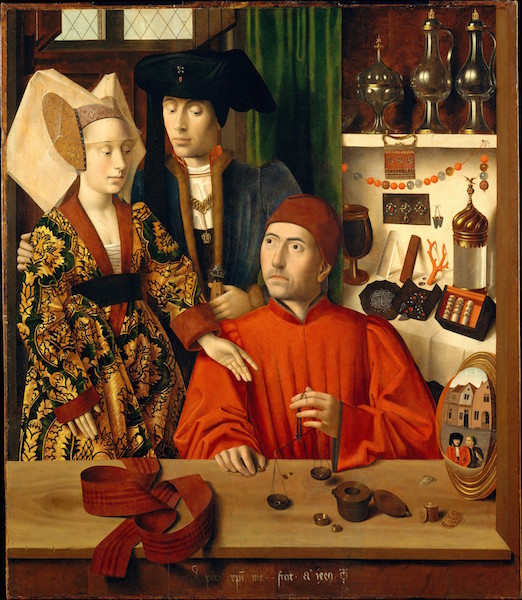 Petrus Christus, A Goldsmith in his Shop, 1449, oil on oak panel, 39 3/8 x 33 3/4 inches / 100.1 x 85.8 cm (The Metropolitan Museum of Art) zoomable image