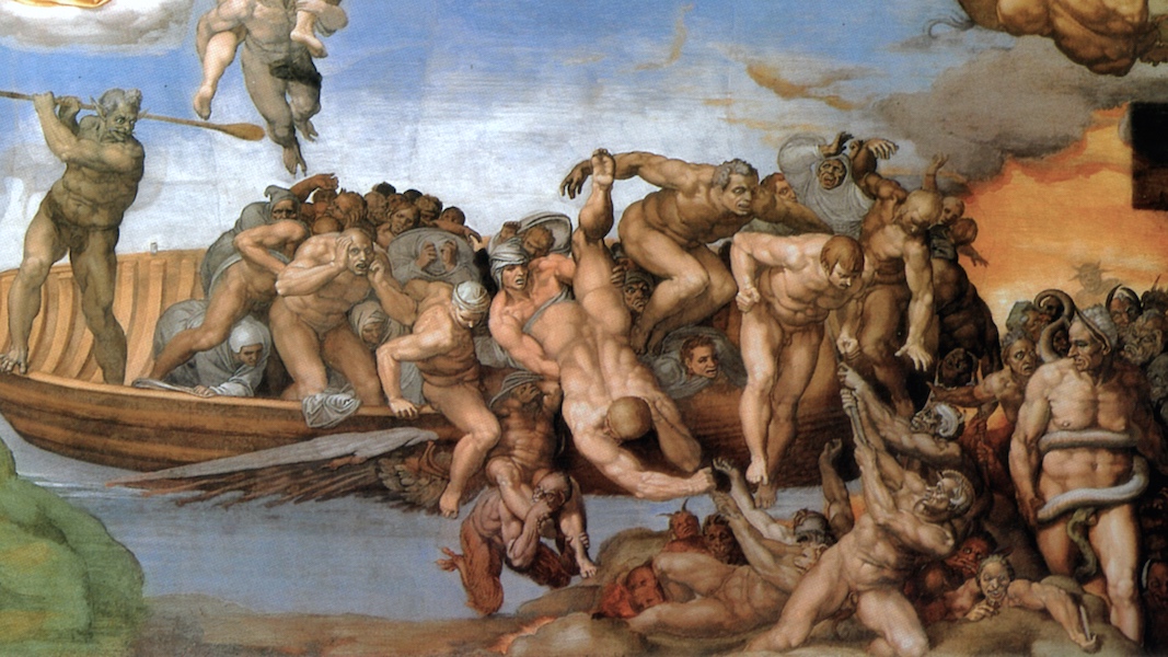 Charon drives the damned onto hell’s shores and in the lower right corner stands the ass-eared Minos (detail), Michelangelo, Last Judgment, Sistine Chapel, altar wall, fresco, 1534-1541 (Vatican City, Rome) 