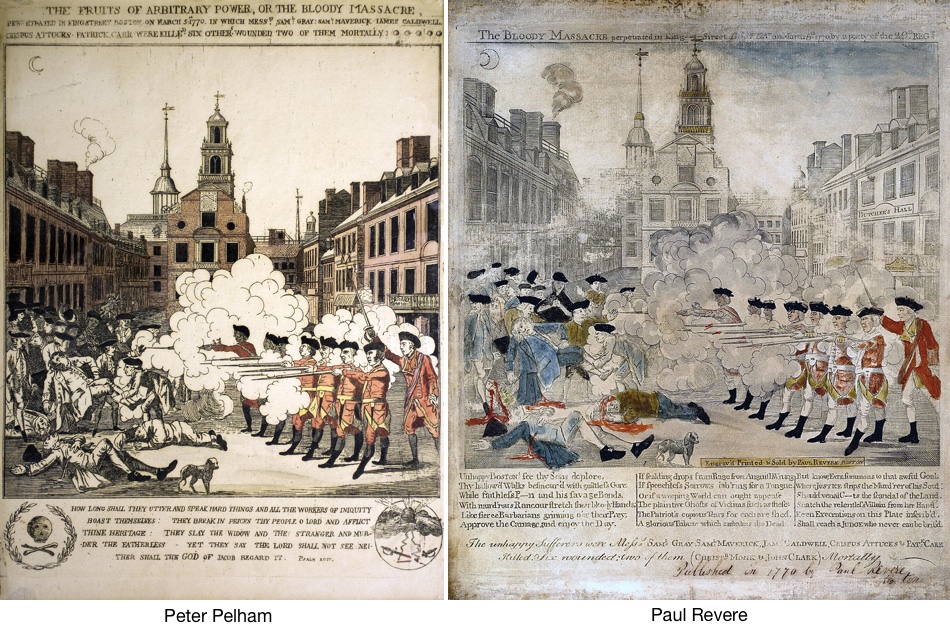 Left: Henry Pelham, Boston Massacre; right: Paul Revere, Boston Massacre