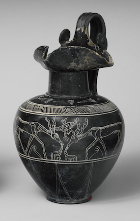 Terracotta trefoil oinochoe (jug), c. 625-600 B.C.E., Etruscan, terracotta, bucchero sottile, 11 3/16 in high (The Metropolitan Museum of Art)