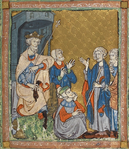 Moisés y Aarón vienen ante Faraón, La Hagadá Dorada, c. 1320, Norte de España, probablemente Barcelona (Biblioteca Británica, MS. 27210, f. 11)