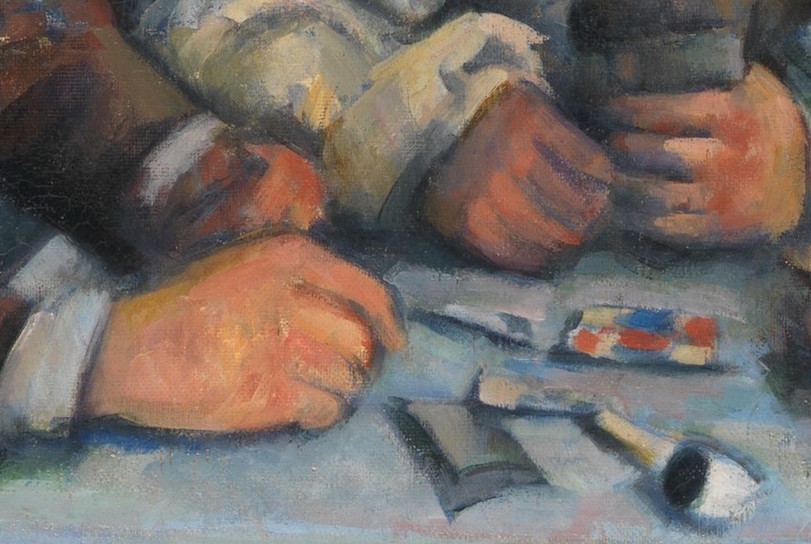 Mesa y manos con cartas (detalle), Paul Cézanne, Los jugadores de cartas, 1890-92, óleo sobre lienzo, 65.4 x 81.9 cm (El Museo Metropolitano de Arte)