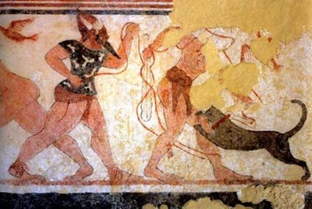 Phersu and his victim, Tomb of the Augurs, (late 6th century B.C.E., Tarquinia)